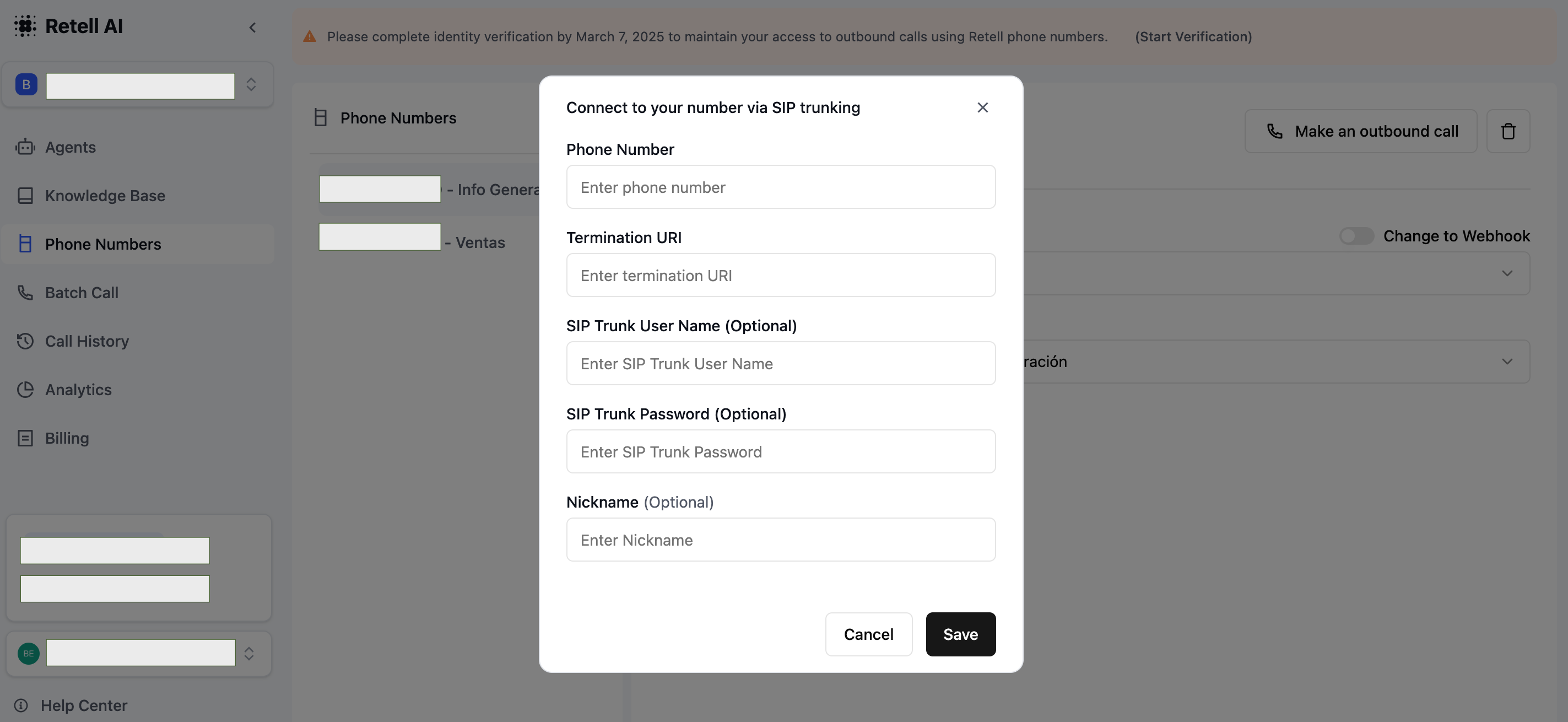 Cómo introducir tus datos para configurar tu número virtual con Retell AI